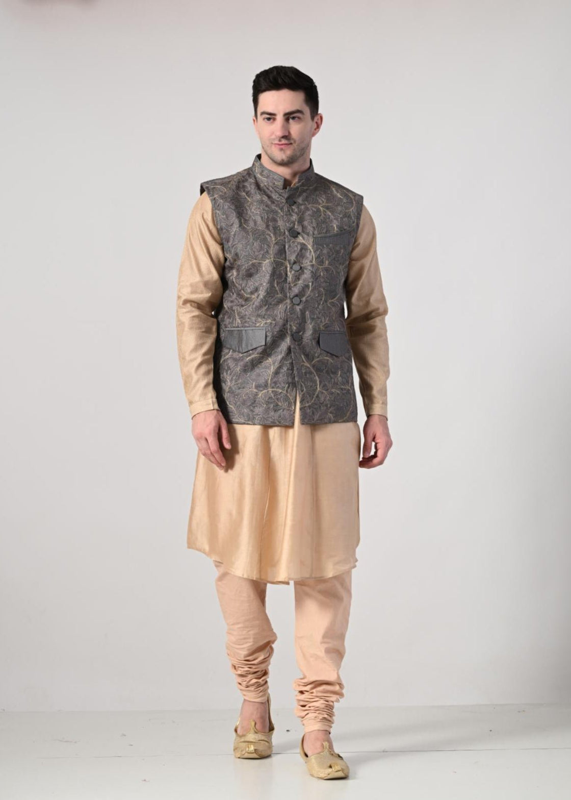 elegance with this beige kurta churidar set, paired with a stylish grey ebroidered Nehru jacket - samantchauhan Apparel & Accessories