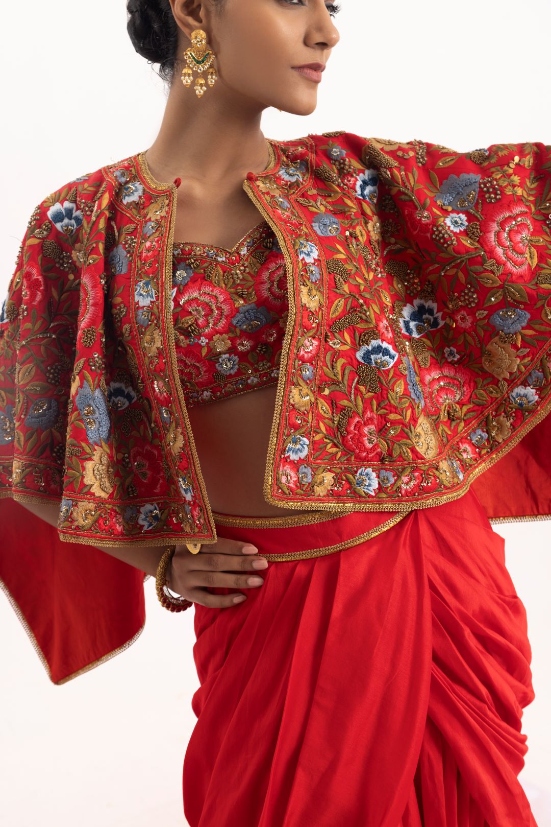 Elegant 3 - piece set featuring a red cotton silk draped skirt set - samantchauhan Apparel & Accessories