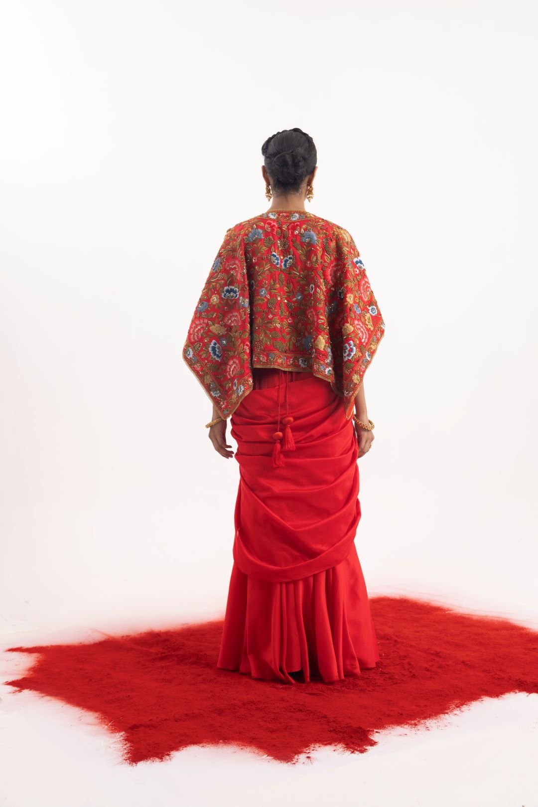 Elegant 3 - piece set featuring a red cotton silk draped skirt set - samantchauhan Apparel & Accessories