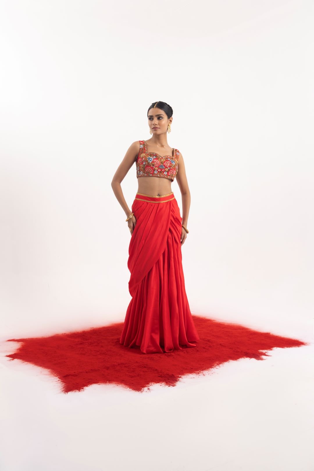 Elegant 3 - piece set featuring a red cotton silk draped skirt set - samantchauhan Apparel & Accessories