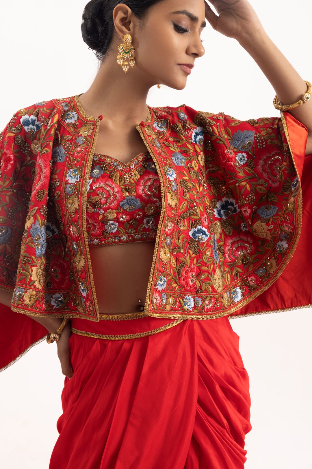 Elegant 3 - piece set featuring a red cotton silk draped skirt set - samantchauhan Apparel & Accessories
