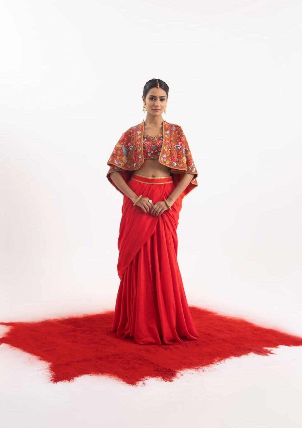 Elegant 3 - piece set featuring a red cotton silk draped skirt set - samantchauhan Apparel & Accessories