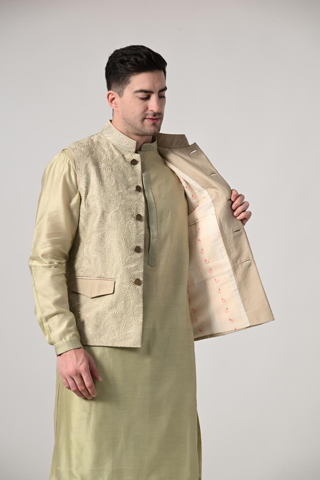 elegant light gold kurta churidar set, paired with a beautifully embroidered beige Nehru jacket - samantchauhan Apparel & Accessories