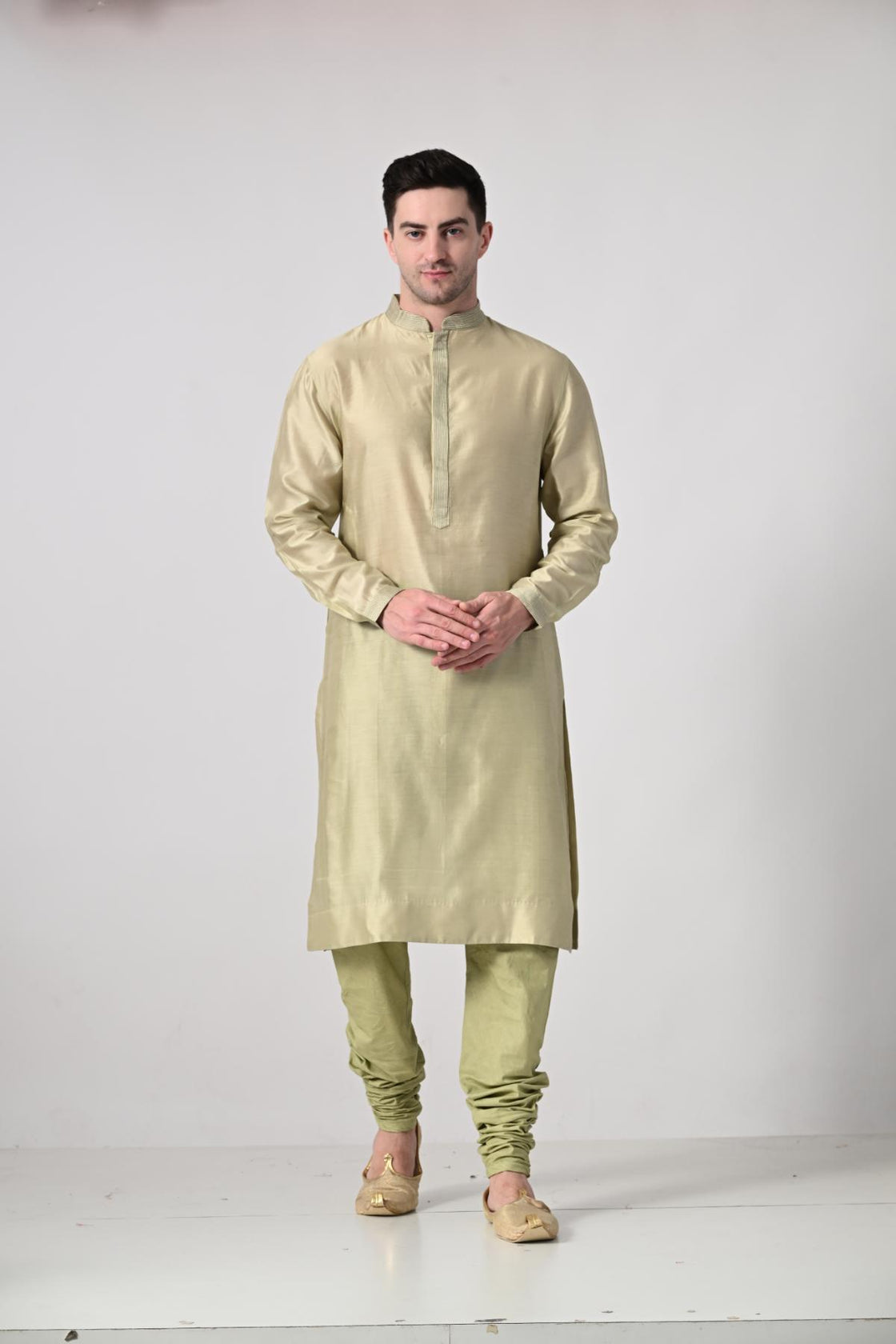 elegant light gold kurta churidar set, paired with a beautifully embroidered beige Nehru jacket - samantchauhan Apparel & Accessories