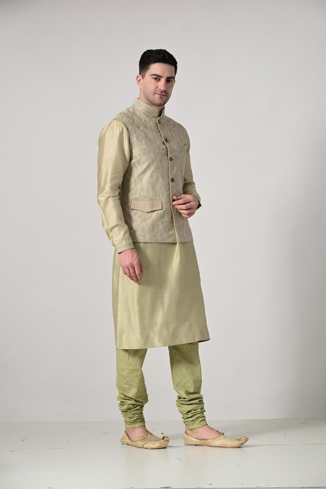 elegant light gold kurta churidar set, paired with a beautifully embroidered beige Nehru jacket - samantchauhan Apparel & Accessories