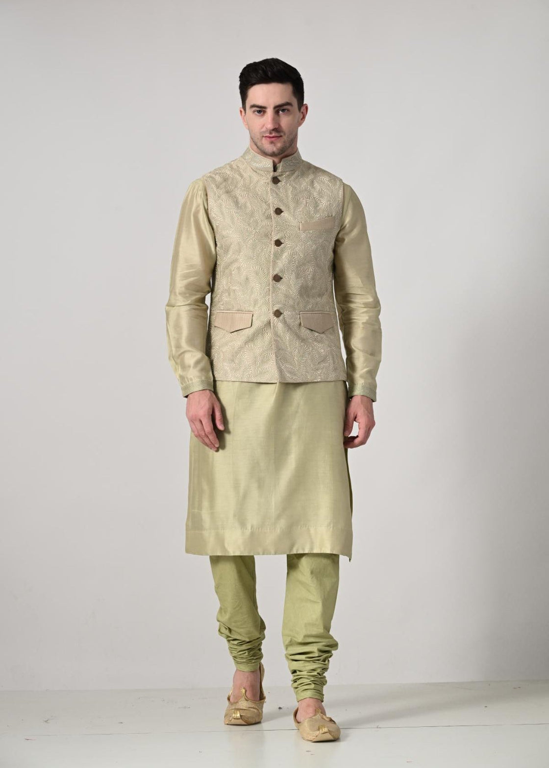 elegant light gold kurta churidar set, paired with a beautifully embroidered beige Nehru jacket - samantchauhan Apparel & Accessories