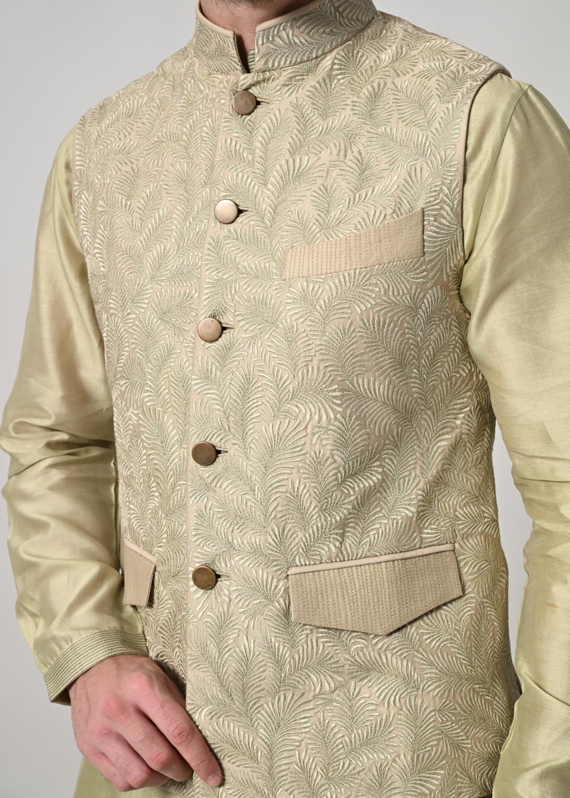 elegant light gold kurta churidar set, paired with a beautifully embroidered beige Nehru jacket - samantchauhan Apparel & Accessories