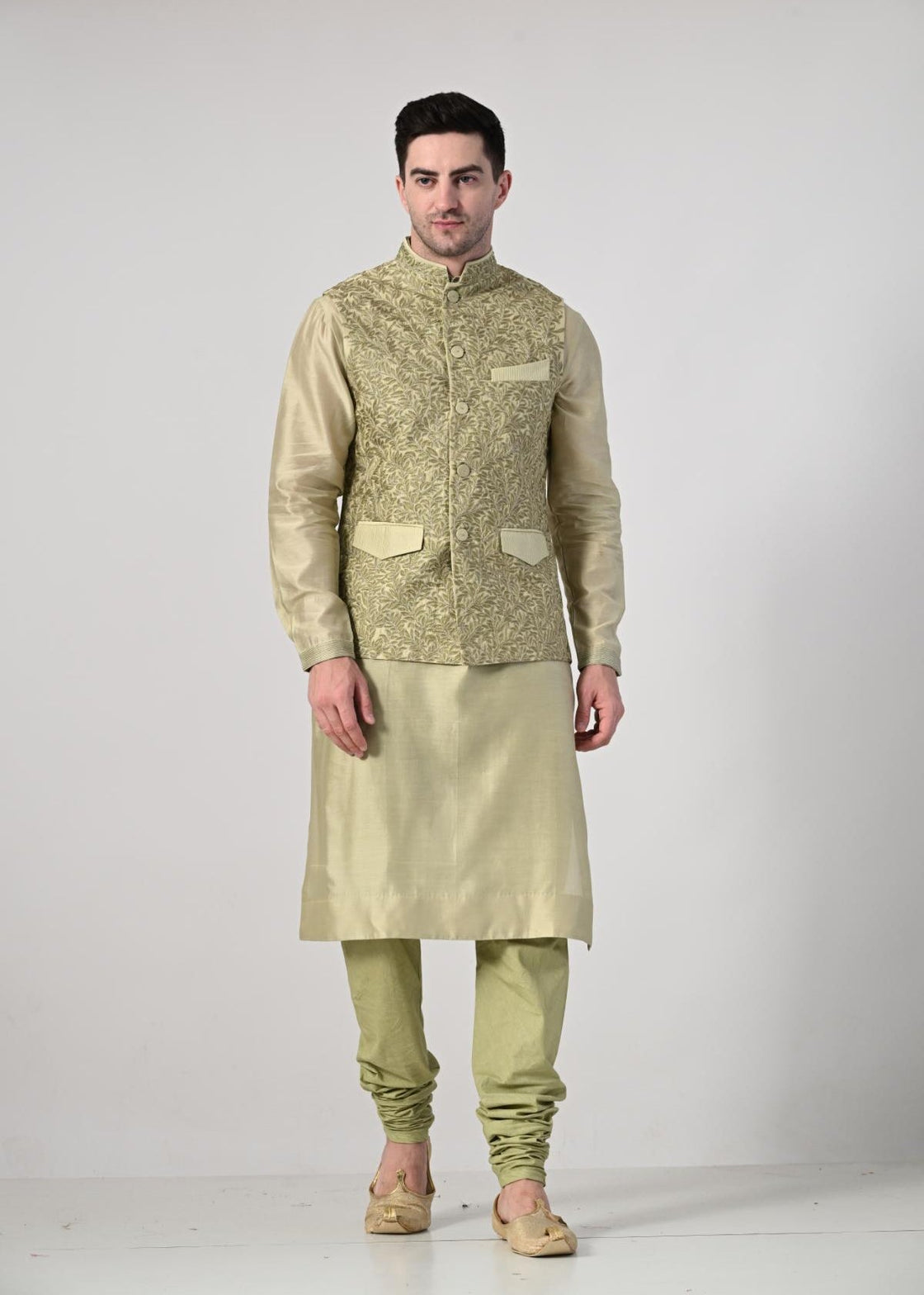 elegant light gold kurta churidar set, paired with a beautifully embroidered beige Nehru jacket (Copy) - samantchauhan Apparel & Accessories