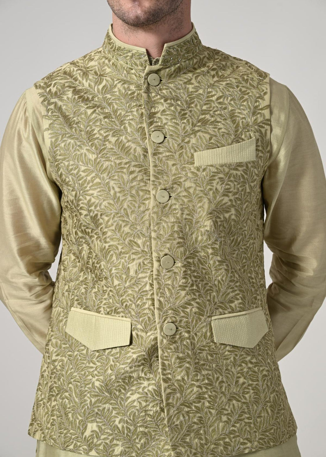 elegant light gold kurta churidar set, paired with a beautifully embroidered beige Nehru jacket (Copy) - samantchauhan Apparel & Accessories