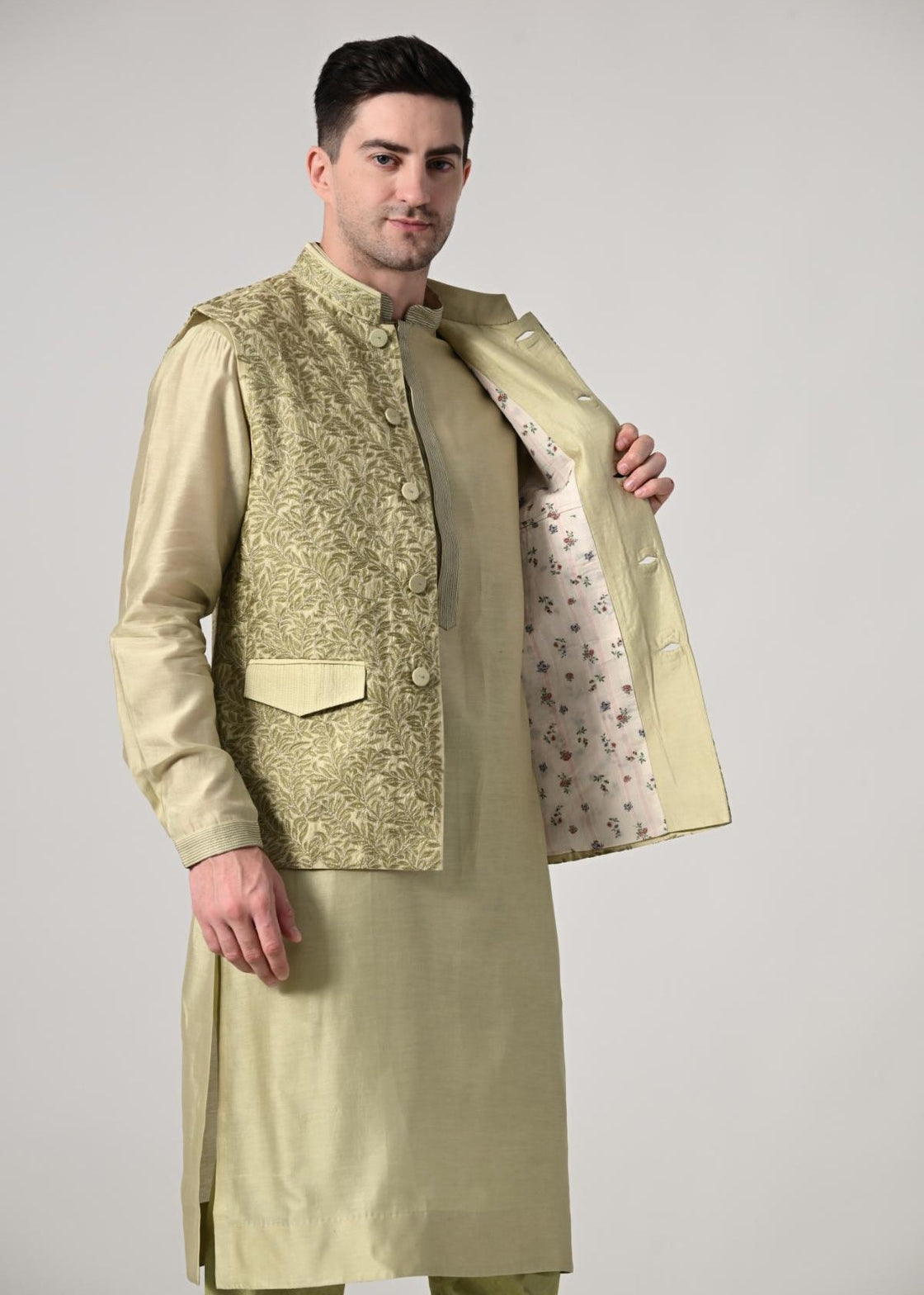 elegant light gold kurta churidar set, paired with a beautifully embroidered beige Nehru jacket (Copy) - samantchauhan Apparel & Accessories