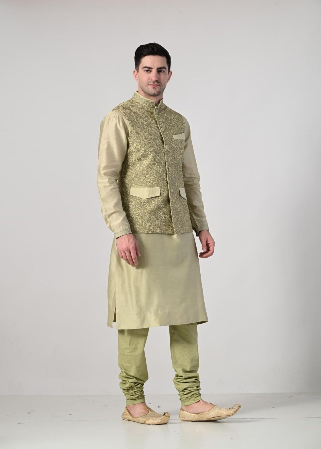 elegant light gold kurta churidar set, paired with a beautifully embroidered beige Nehru jacket (Copy) - samantchauhan Apparel & Accessories