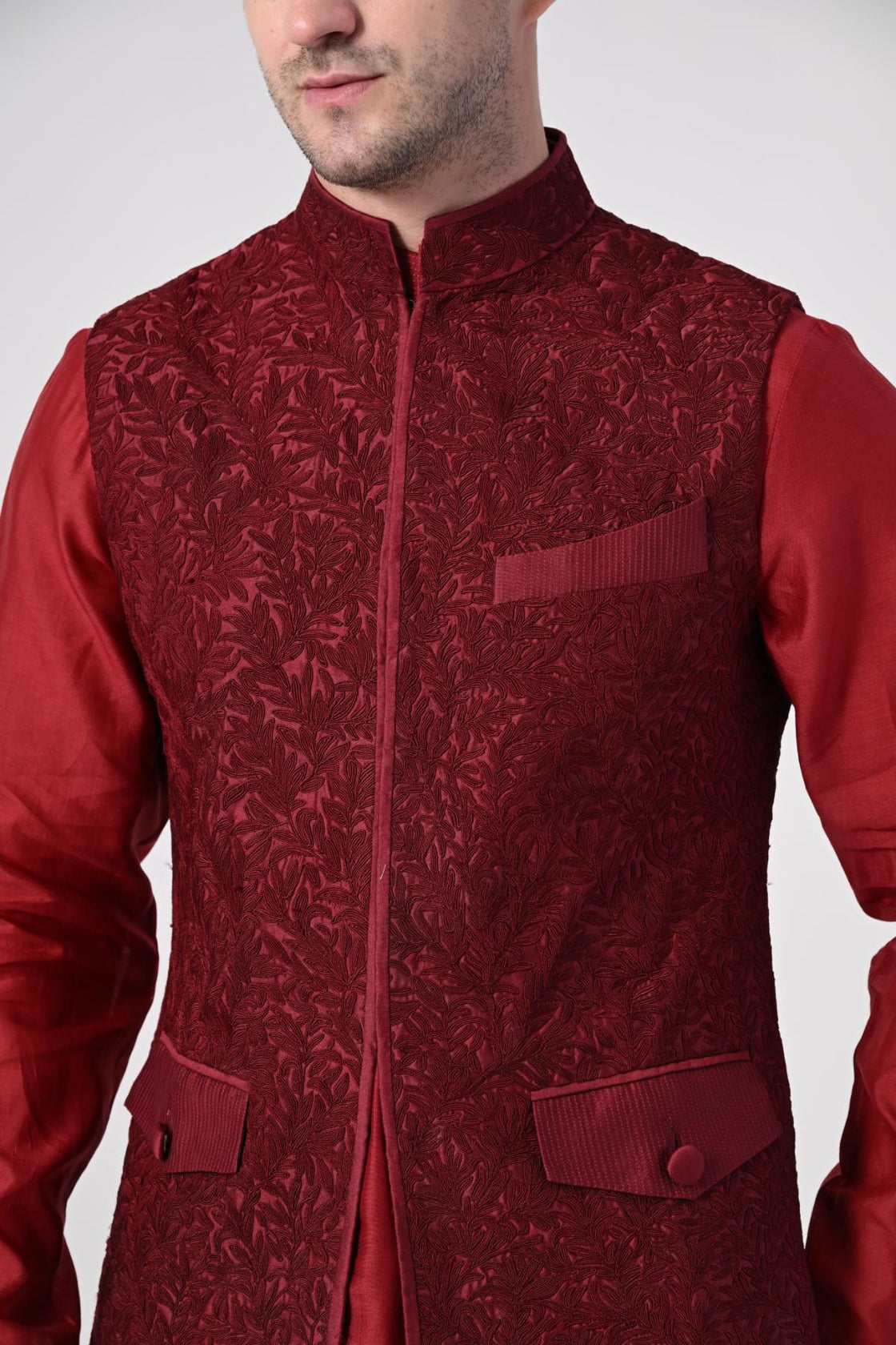 elegant maroon kurta set paired with a textured nehru jacket - samantchauhan Apparel & Accessories