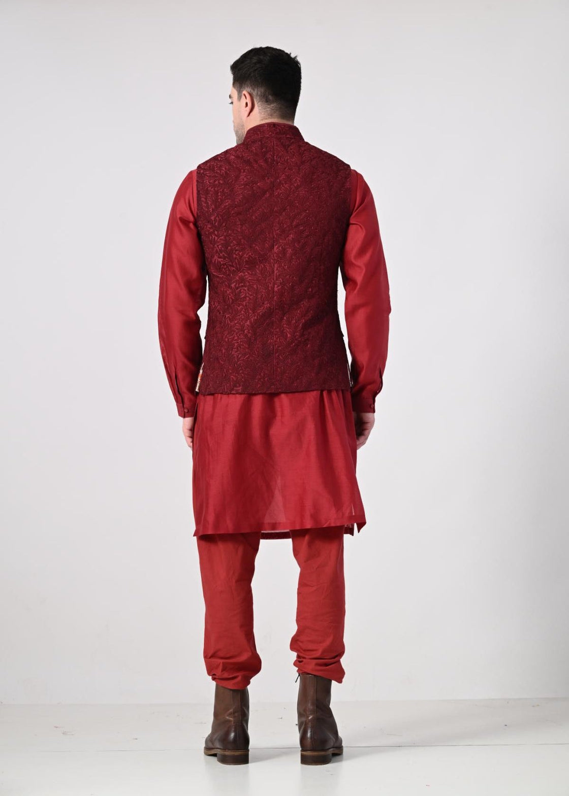 elegant maroon kurta set paired with a textured nehru jacket - samantchauhan Apparel & Accessories