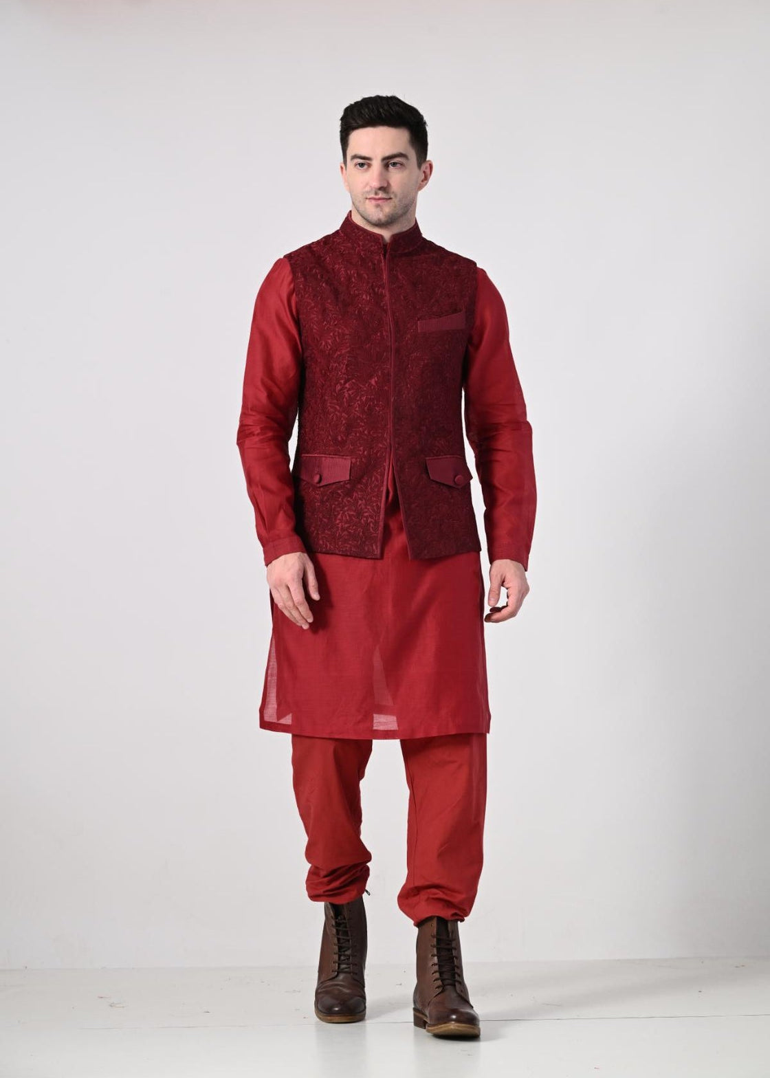 elegant maroon kurta set paired with a textured nehru jacket - samantchauhan Apparel & Accessories