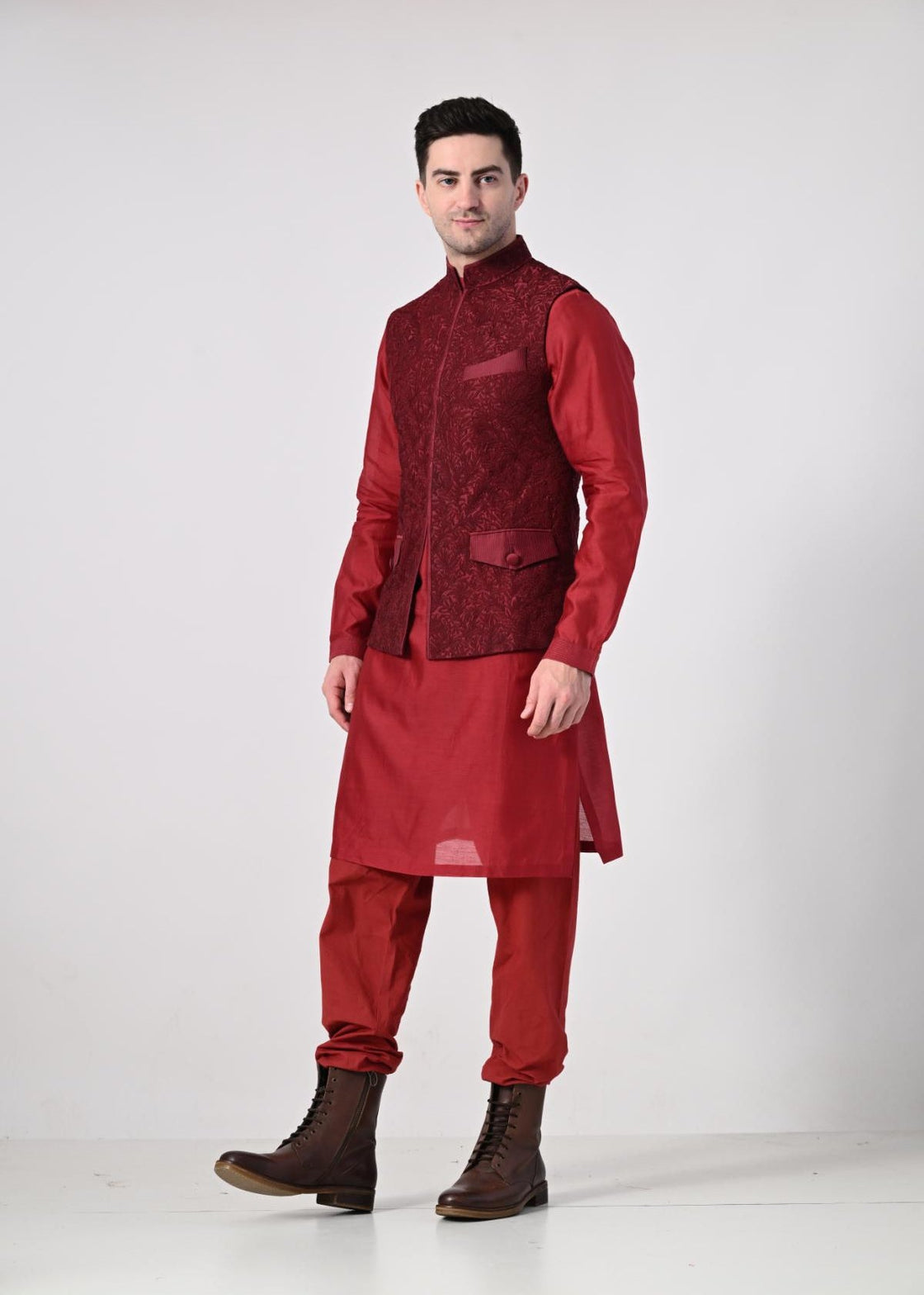 elegant maroon kurta set paired with a textured nehru jacket - samantchauhan Apparel & Accessories