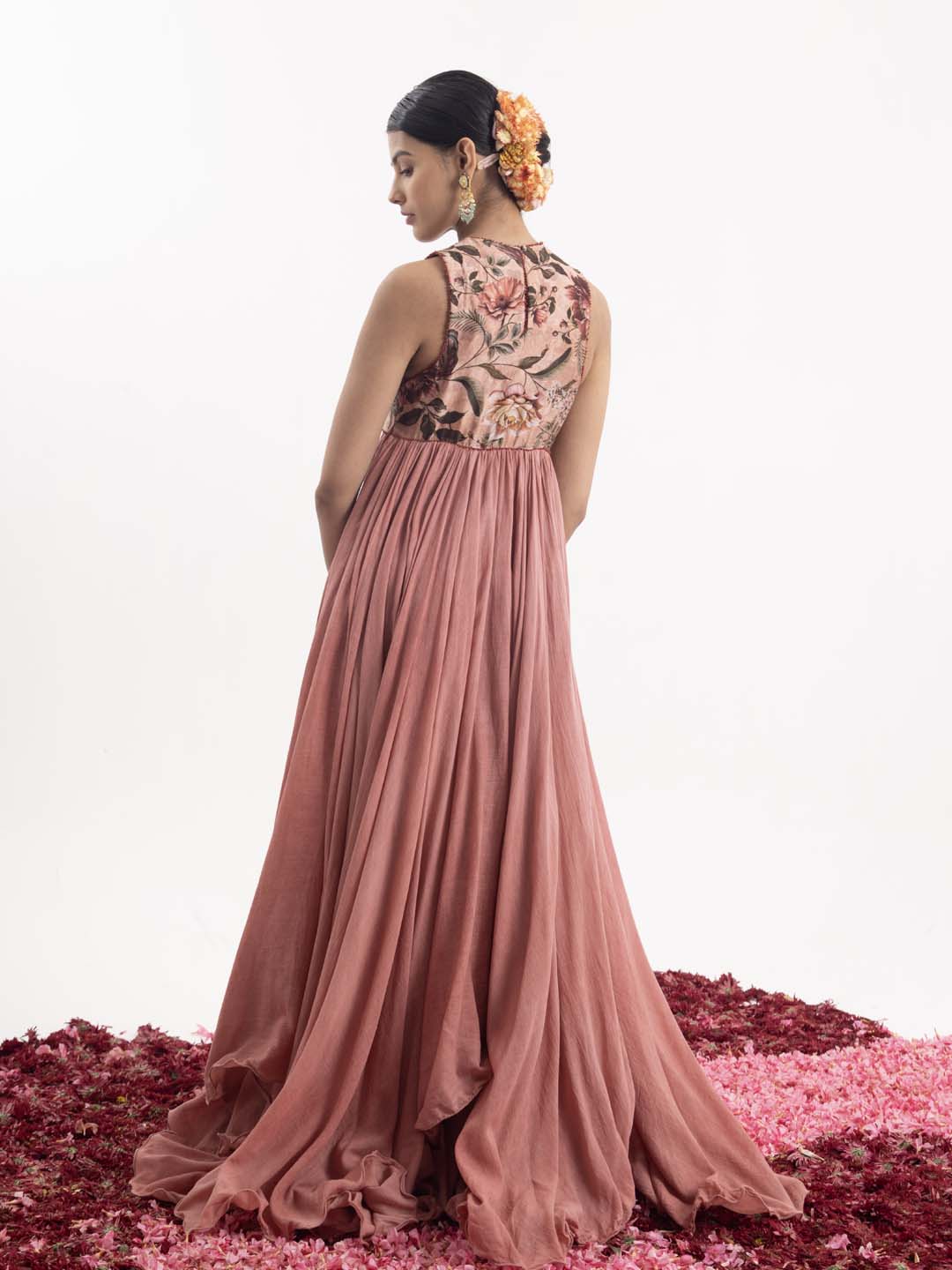 Elegant one - piece long dress in peach cotton silk. - samantchauhan Apparel & Accessories