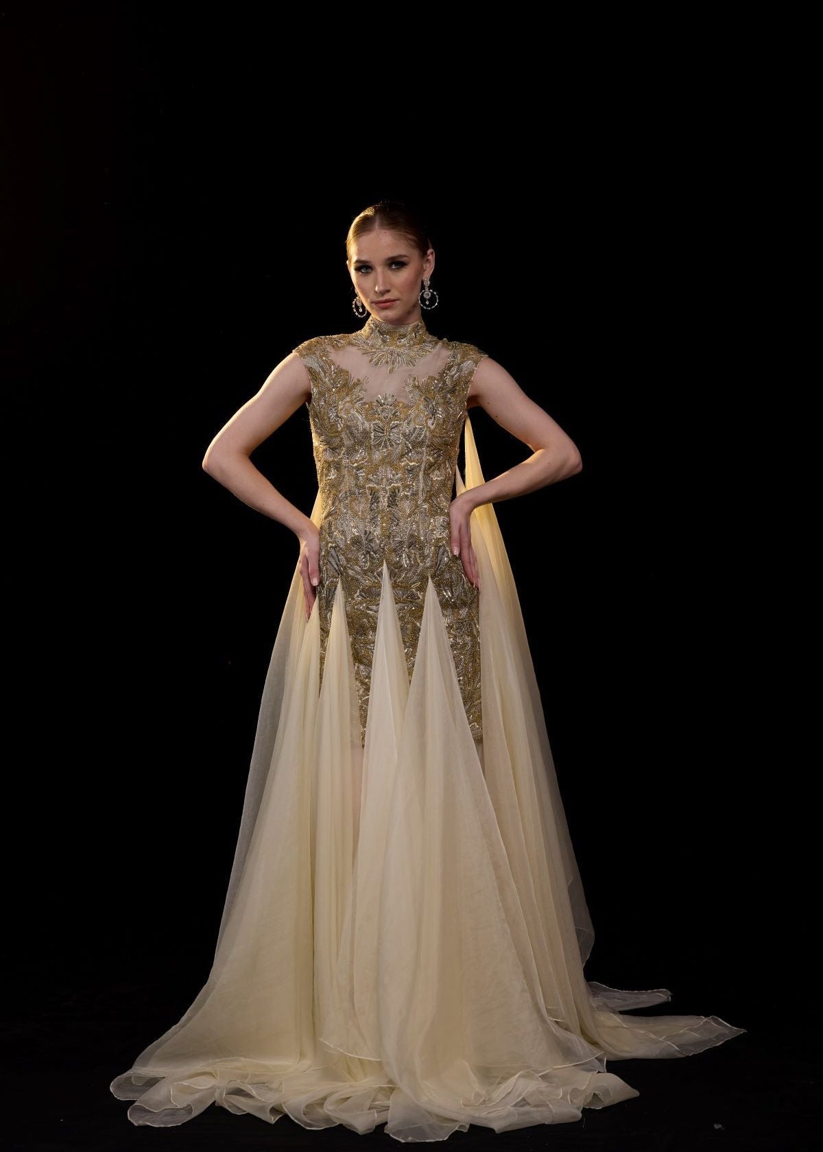 Embellished Gold Evening Gown with Sheer Train - samantchauhan Apparel & Accessories