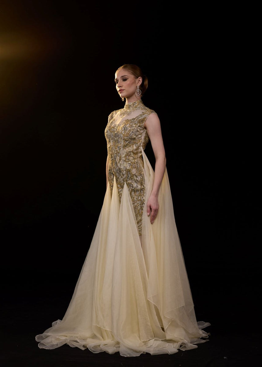 Embellished Gold Evening Gown with Sheer Train – Samant Chauhan