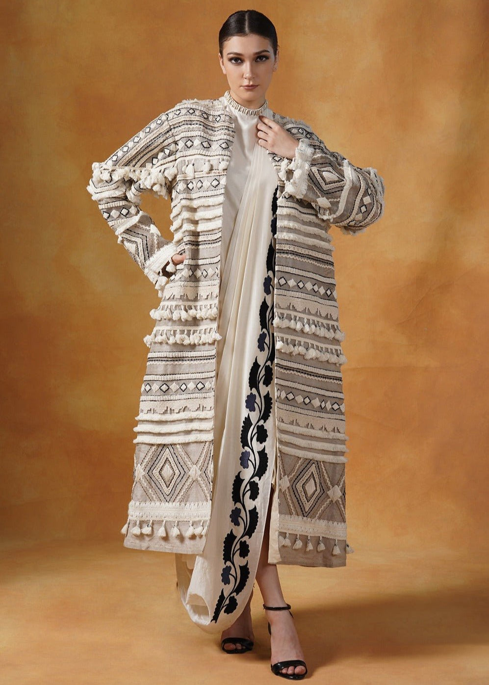 Embroidered bohemian style long jacket in linen silk, topped on an ivory cotton silk drape dress - samantchauhan Apparel & Accessories