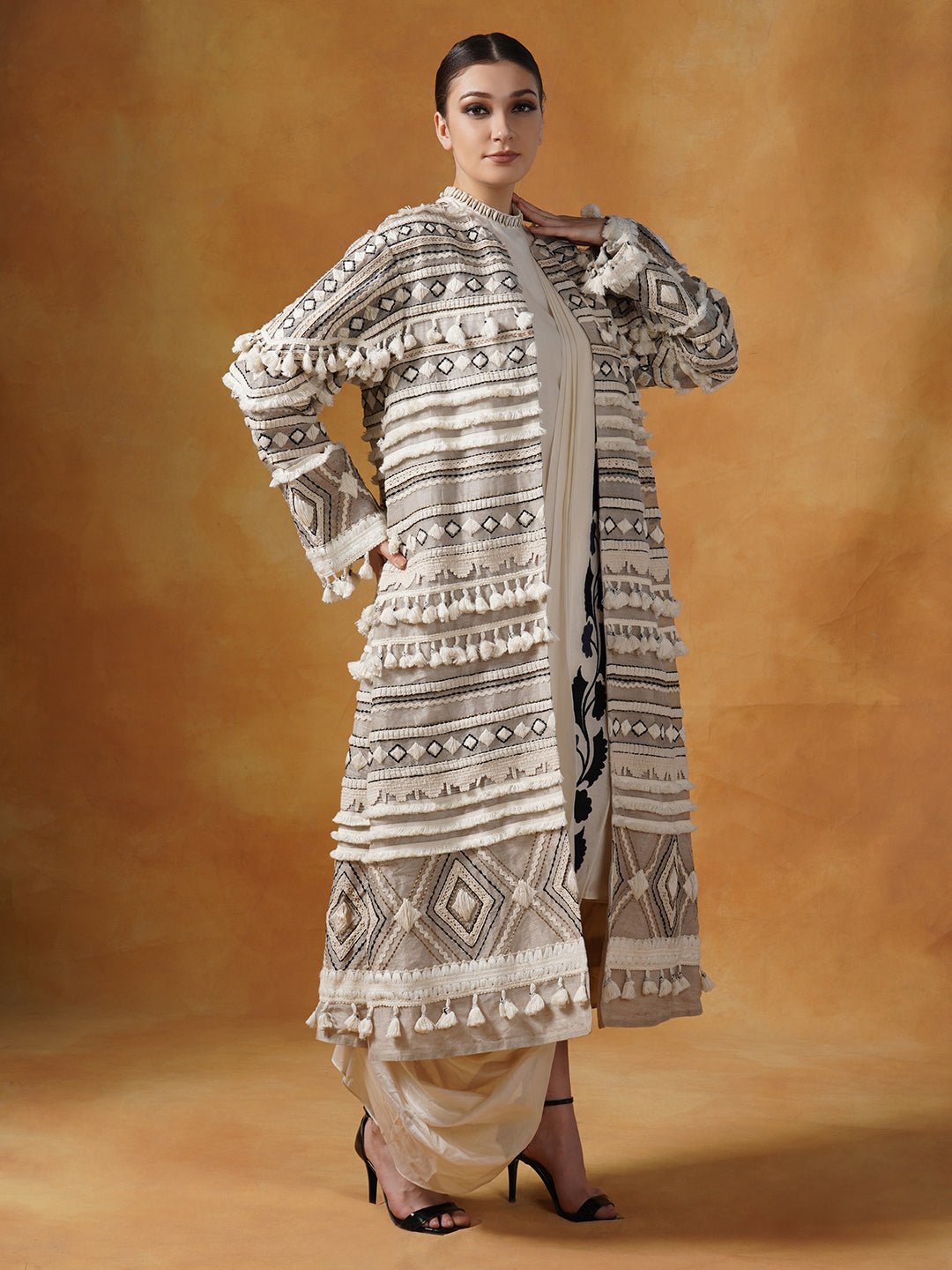 Embroidered bohemian style long jacket in linen silk, topped on an ivory cotton silk drape dress - samantchauhan Apparel & Accessories
