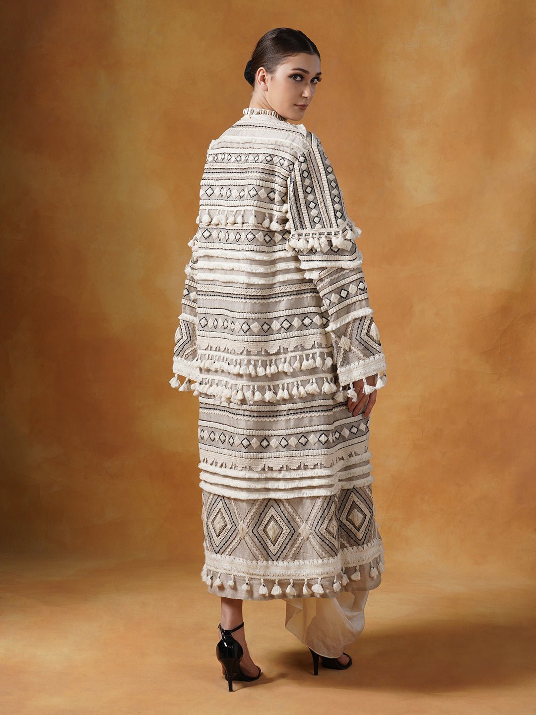 Embroidered bohemian style long jacket in linen silk, topped on an ivory cotton silk drape dress - samantchauhan Apparel & Accessories