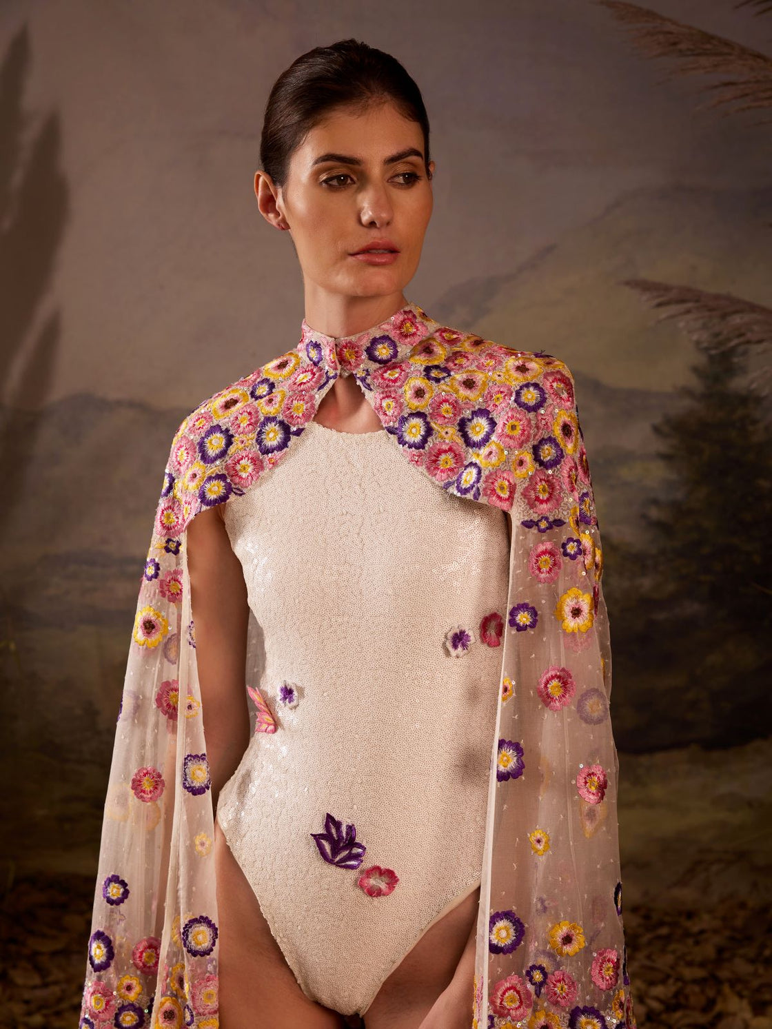Embroidered Cape Bodysuit - samantchauhan Apparel & Accessories