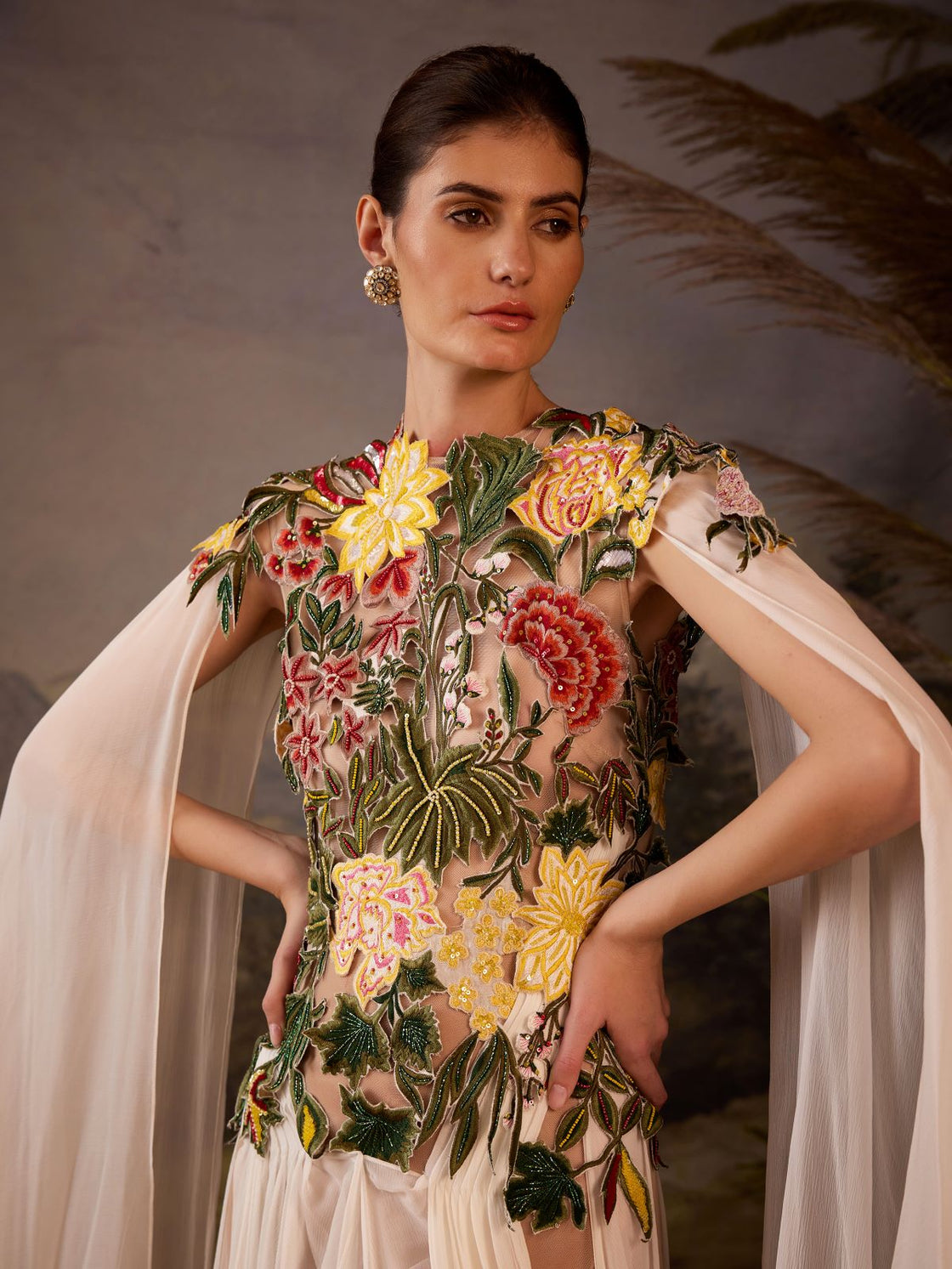 Embroidered Cape Gown.