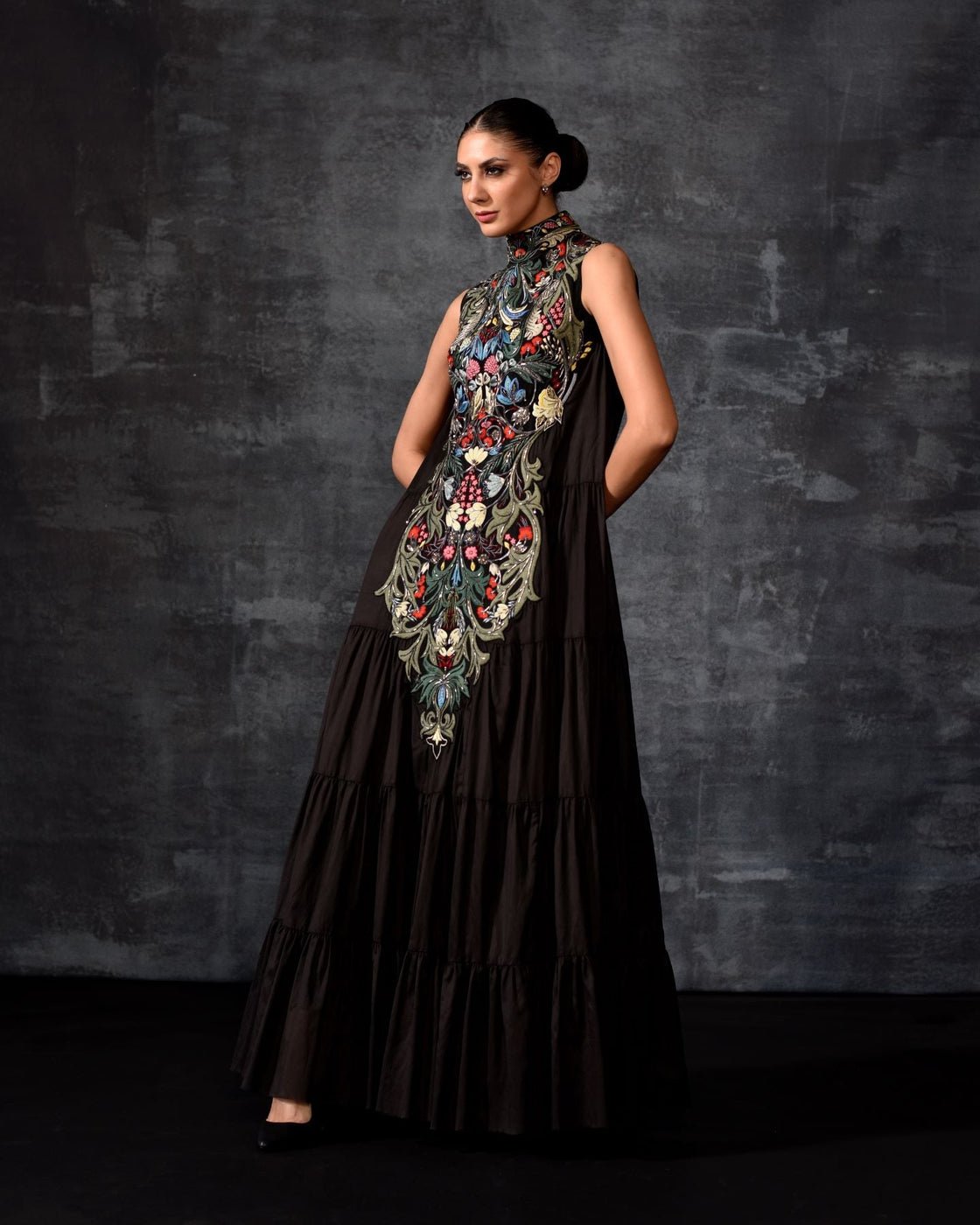 Embroidered High - Neck Maxi Dress - samantchauhan Apparel & Accessories
