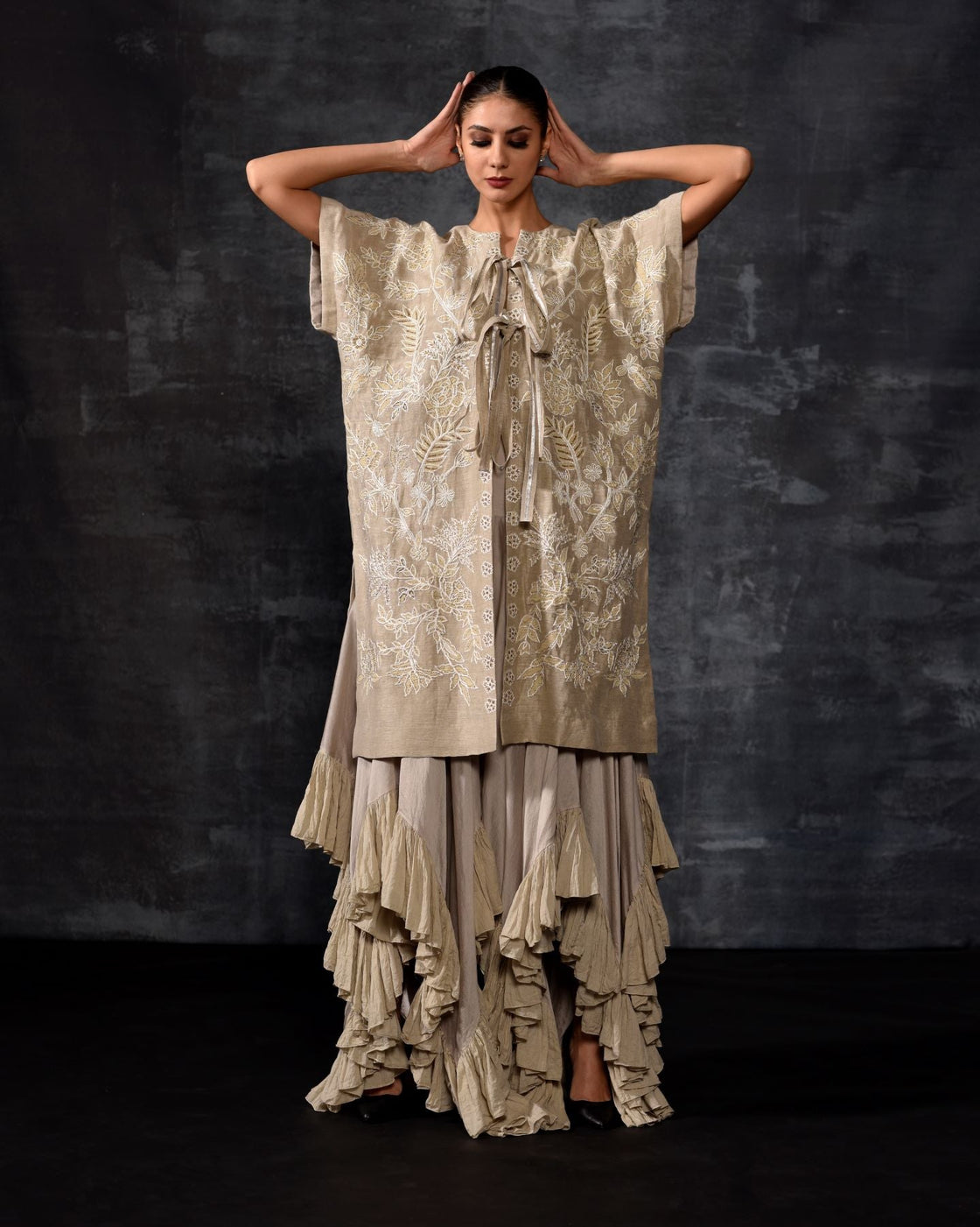 Embroidered Kaftan Jacket & Tiered Ruffle Ensemble - samantchauhan Apparel & Accessories