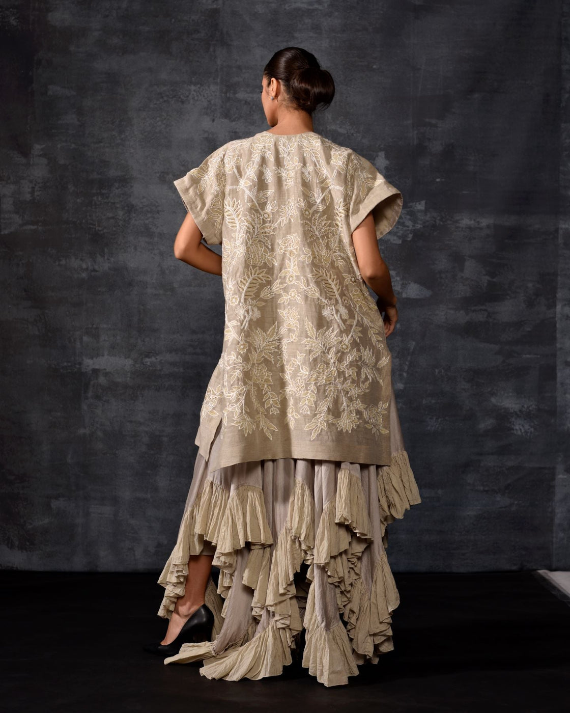 Embroidered Kaftan Jacket & Tiered Ruffle Ensemble - samantchauhan Apparel & Accessories