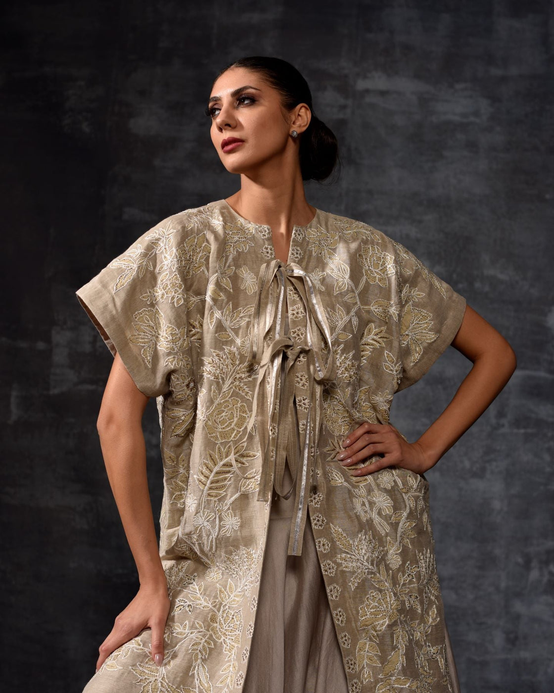 Embroidered Kaftan Jacket & Tiered Ruffle Ensemble - samantchauhan Apparel & Accessories