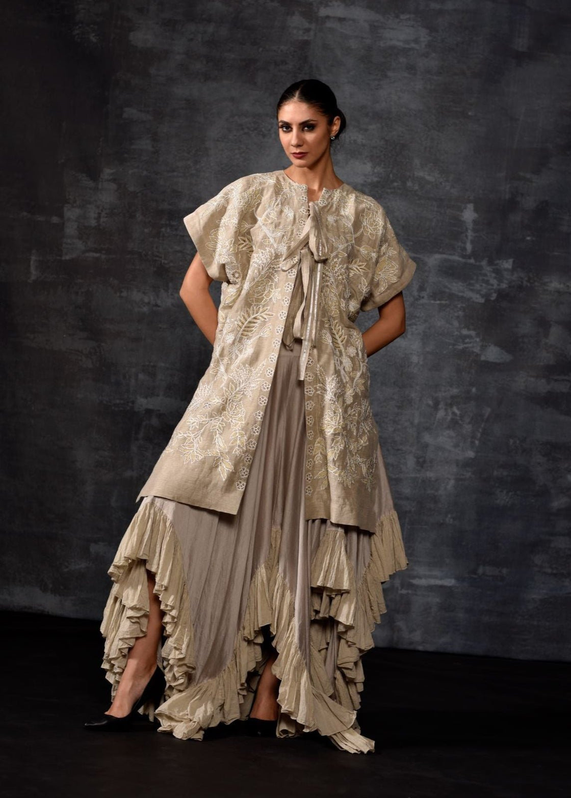 Embroidered Kaftan Jacket & Tiered Ruffle Ensemble - samantchauhan Apparel & Accessories