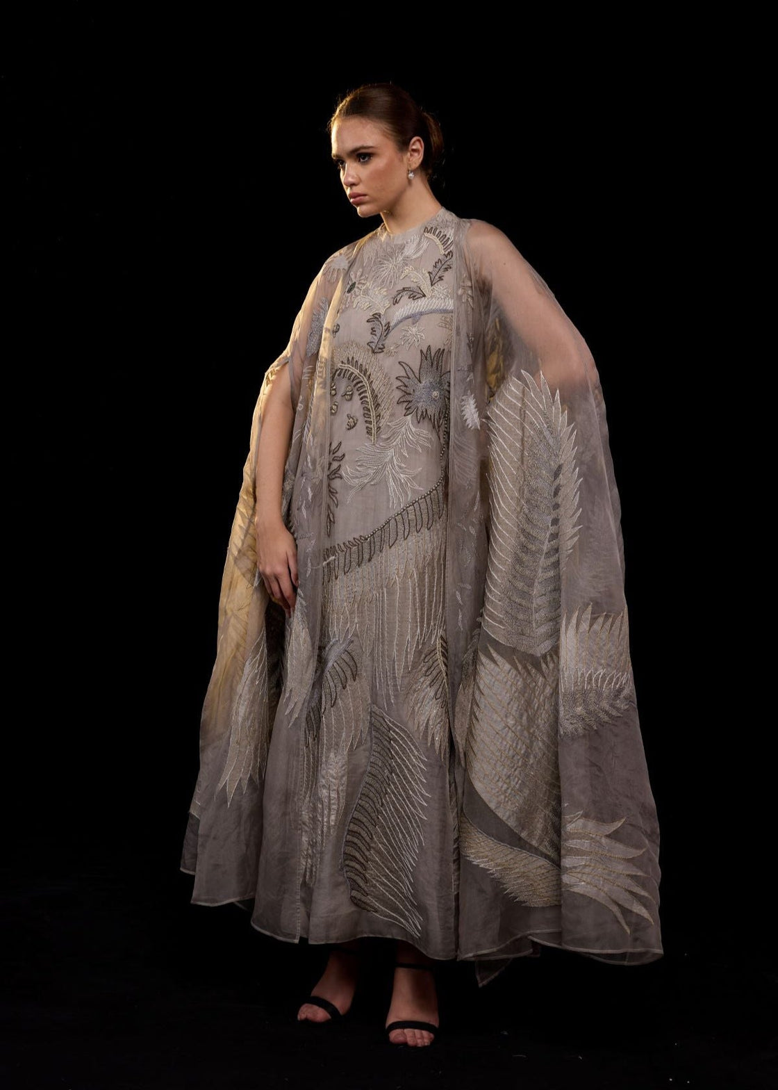 ethereal embroidered gown, featuring a flowing silhouette and a sheer cape overlay - samantchauhan Apparel & Accessories
