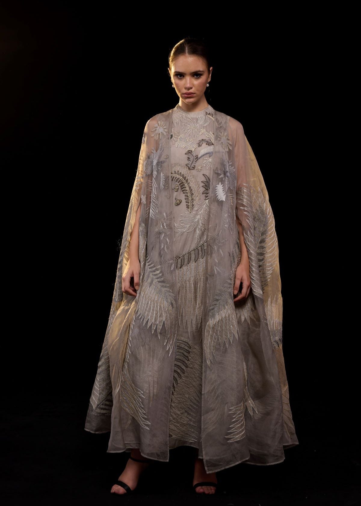 ethereal embroidered gown, featuring a flowing silhouette and a sheer cape overlay - samantchauhan Apparel & Accessories
