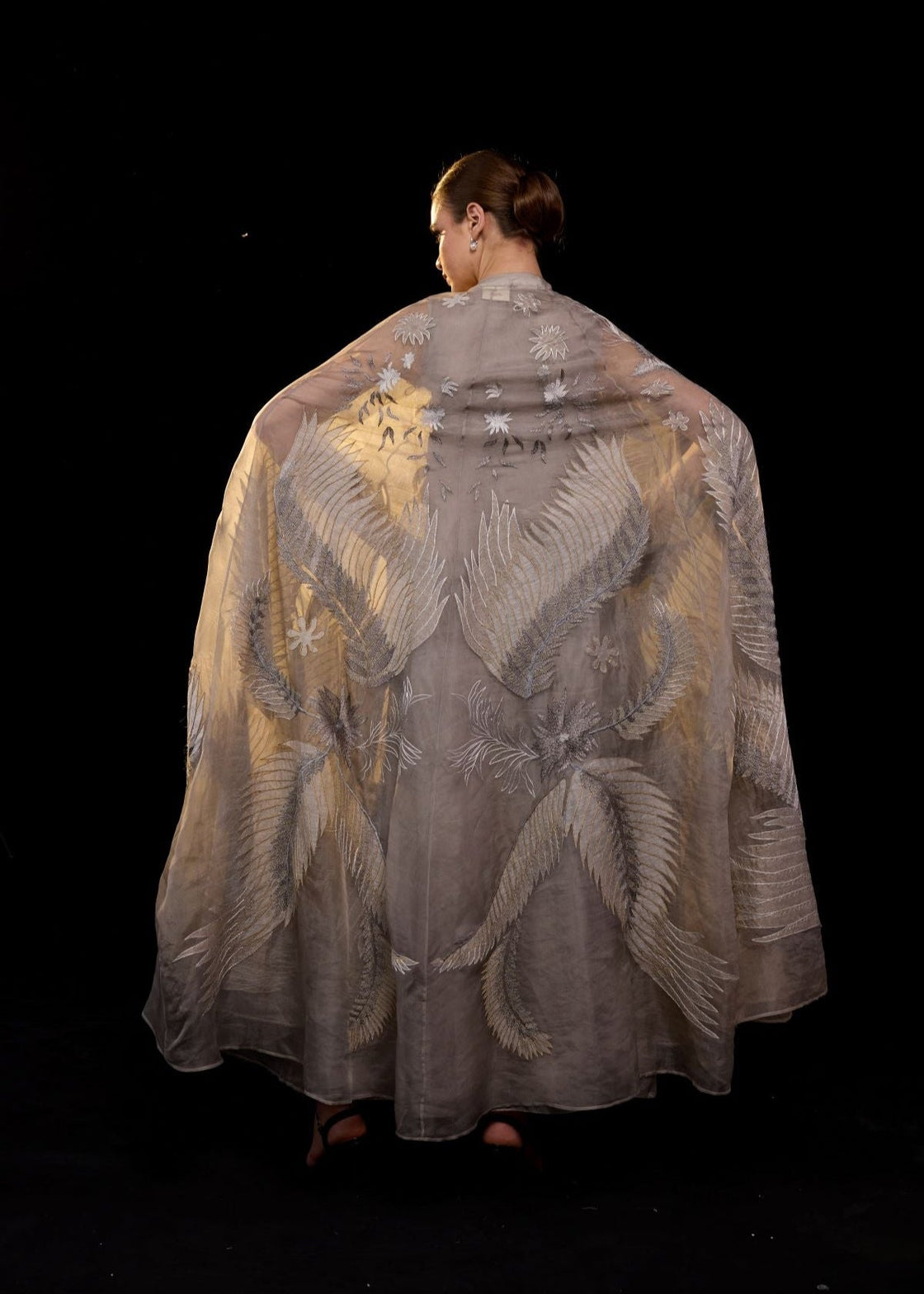 ethereal embroidered gown, featuring a flowing silhouette and a sheer cape overlay - samantchauhan Apparel & Accessories
