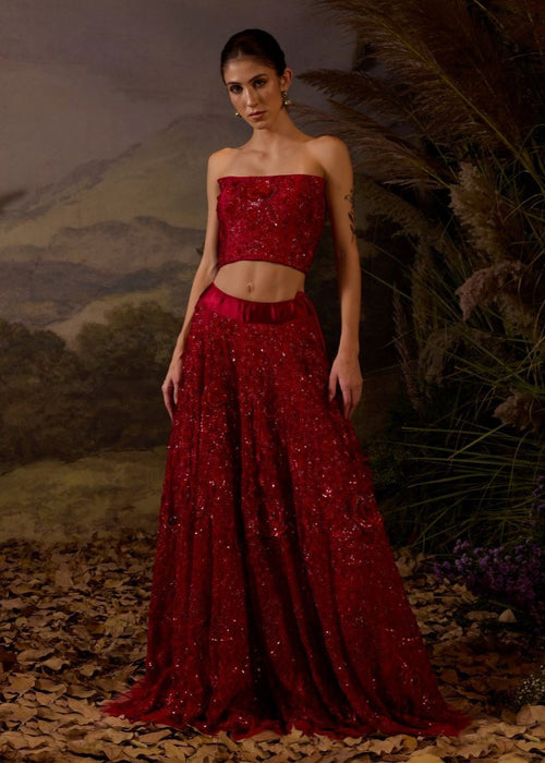 Featured Here Is A red organza & cotton silk tube top & skirt - samantchauhan Apparel & Accessories
