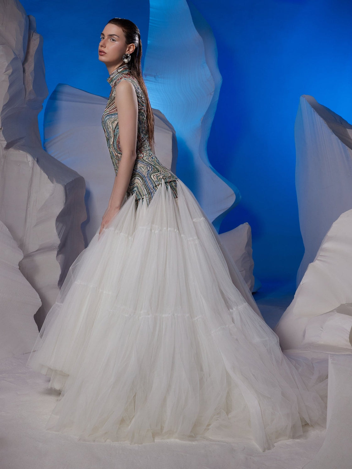 Floor - length gown featuring a high neckline - samantchauhan Apparel & Accessories