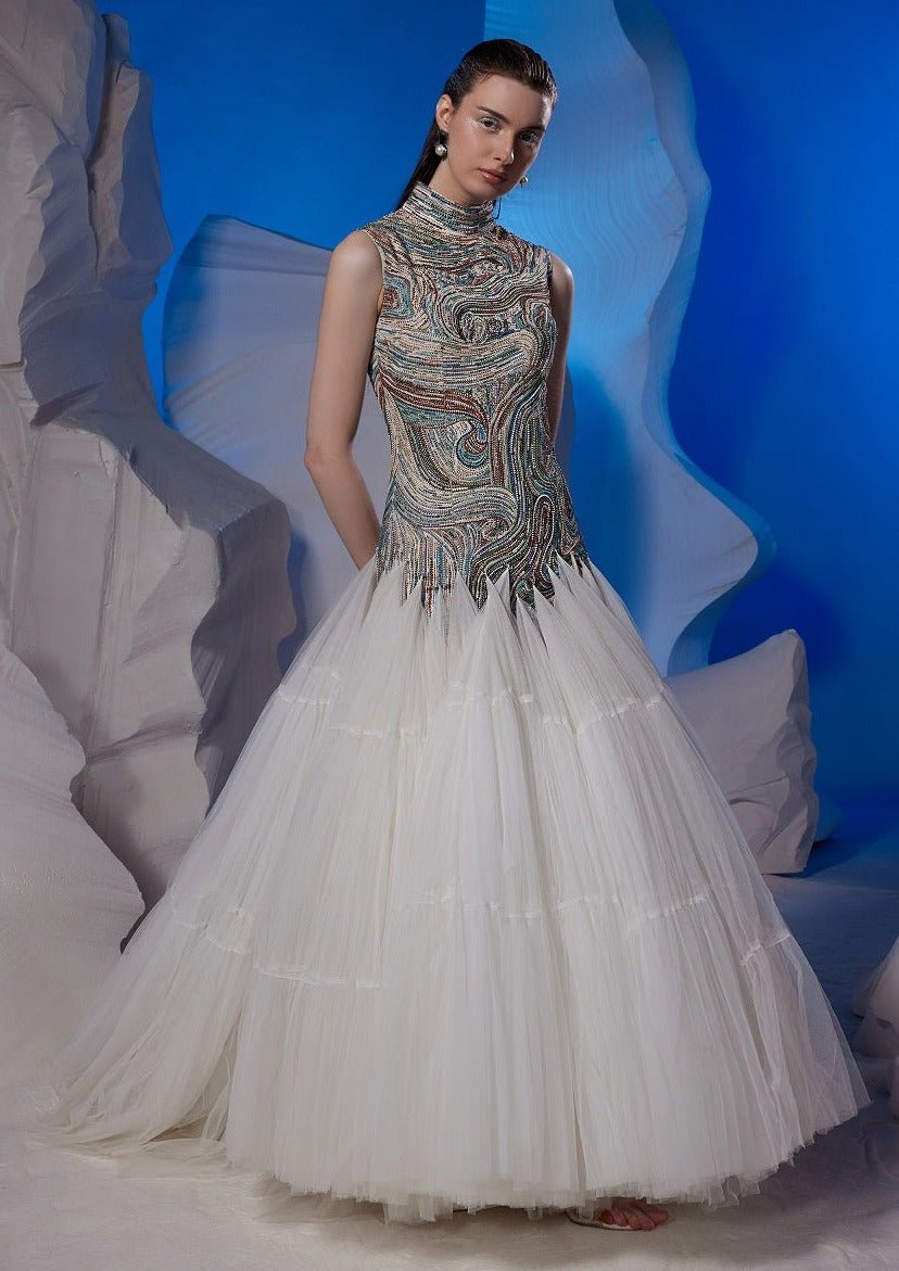 Floor - length gown featuring a high neckline - samantchauhan Apparel & Accessories