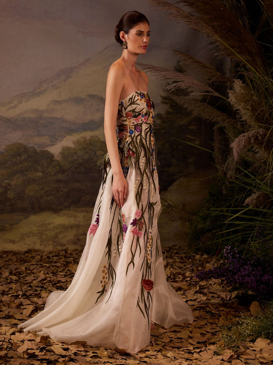 Floral Embroidered Strapless Gown Samant Chauhan Floral Embroidered Strapless Gown Samant Chauhan