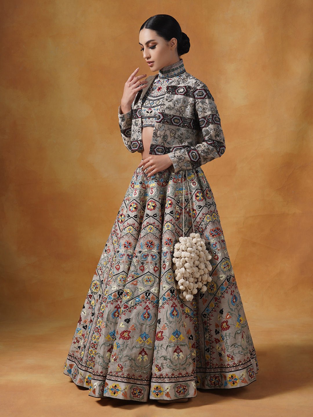 Fully embroidered lehenga set in linen silk base that is topped with a matching crop jacket. - samantchauhan Apparel & Accessories