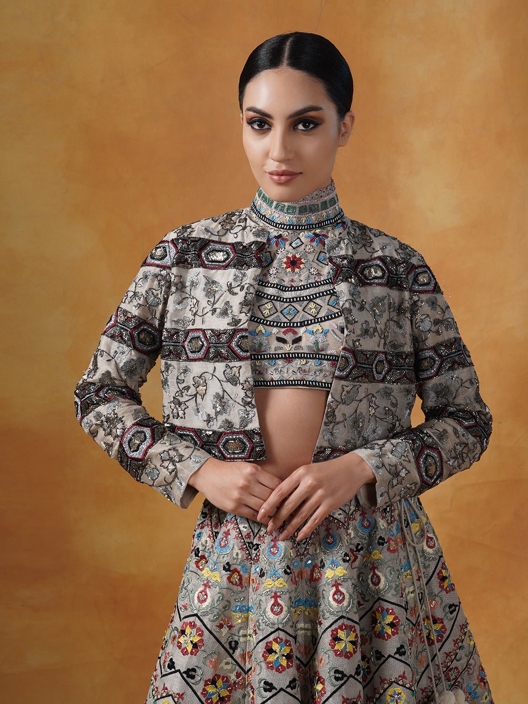 Fully embroidered lehenga set in linen silk base that is topped with a matching crop jacket. - samantchauhan Apparel & Accessories