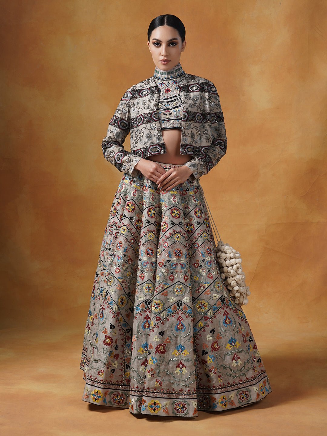 Fully embroidered lehenga set in linen silk base that is topped with a matching crop jacket. - samantchauhan Apparel & Accessories