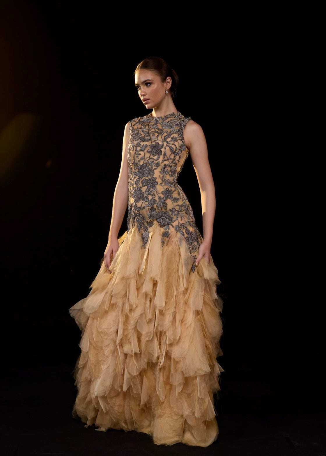 Gold Embroidered Gown with Layered Ruffle hem - samantchauhan Apparel & Accessories