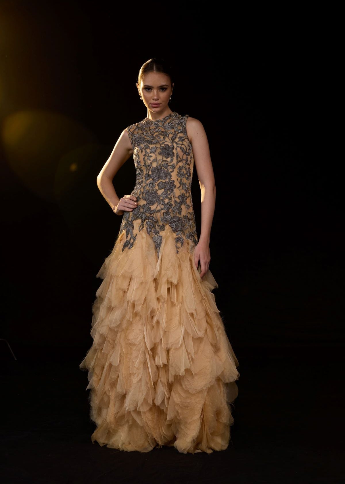 Gold Embroidered Gown with Layered Ruffle hem - samantchauhan Apparel & Accessories