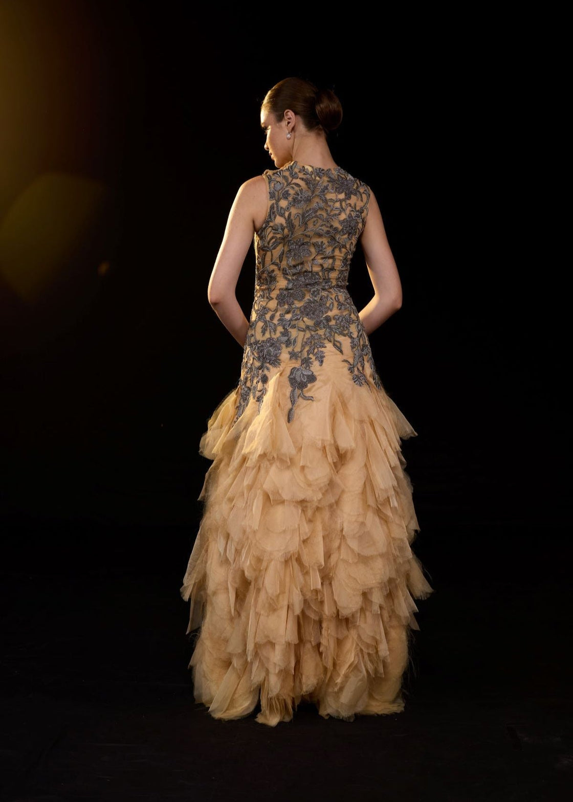 Gold Embroidered Gown with Layered Ruffle hem - samantchauhan Apparel & Accessories