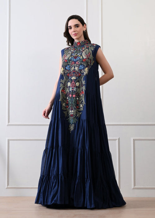Imperial Blue High - Neck Couture Gown - samantchauhan Apparel & Accessories