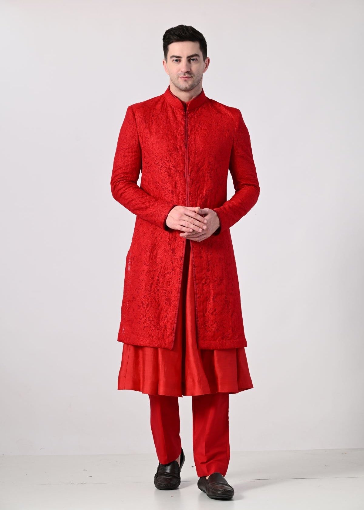 Indo - Western sherwani detailed red texture embroidery - samantchauhan Apparel & Accessories