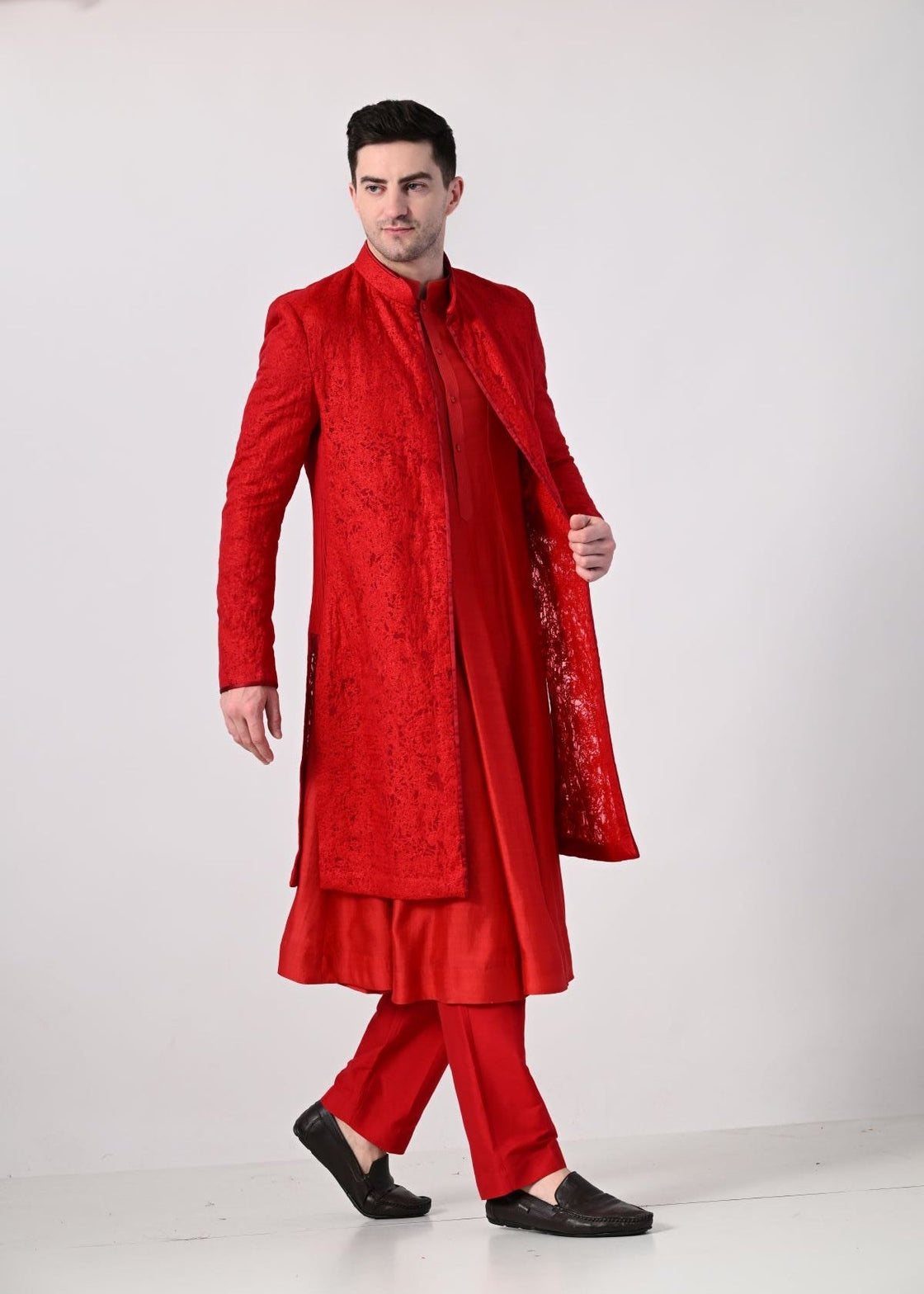 Indo - Western sherwani detailed red texture embroidery - samantchauhan Apparel & Accessories