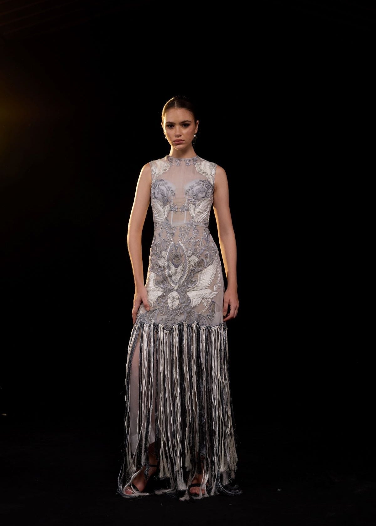 intricately embroidered sheer gown featuring a high neckline, sleeveless design - samantchauhan Apparel & Accessories