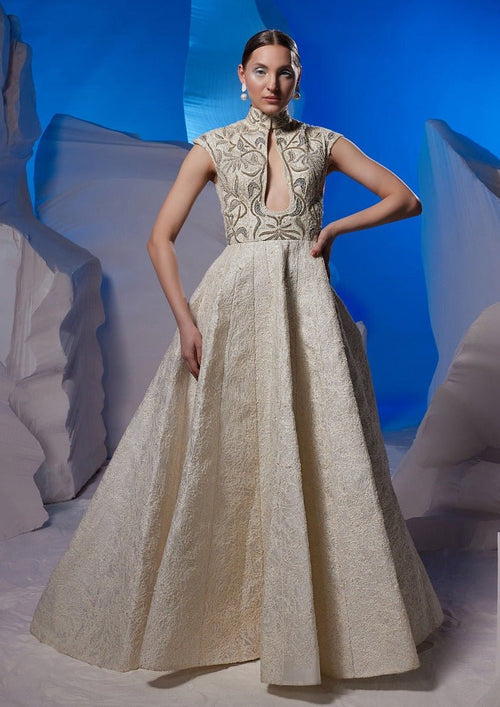 Ivory cotton silk high - neck gown with keyhole - samantchauhan Apparel & Accessories